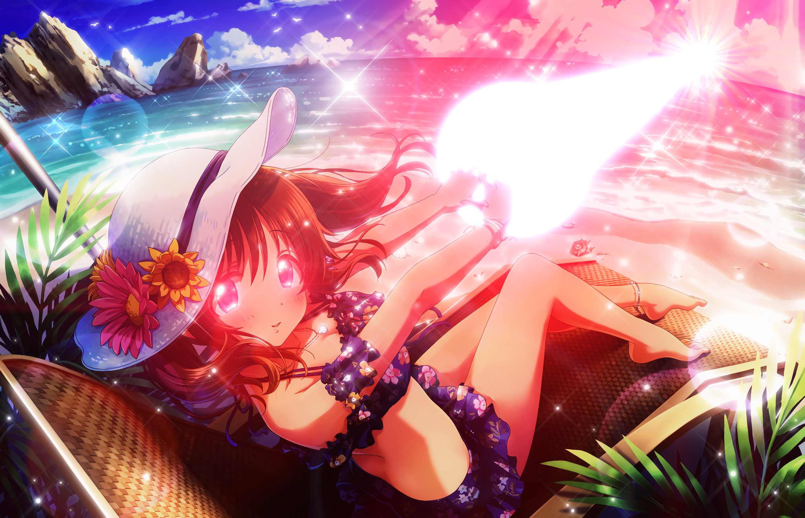 Airi sits on a wicker chair at a beach, clad in a blue bikini with a floral pattern and frills and a sunhat adorned with flowers.  Looking coy, she spreads her hands out ahead of her, palms facing away.  A brilliant red beam of energy shoots from them, stretching off into the horizon and painting much of the surrounding environment bright red.